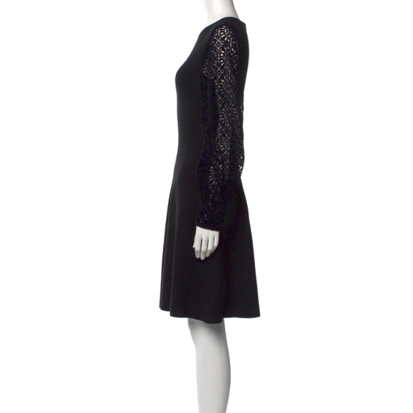$1495 Lela Rose Black Flocked Lace Blouson Sleeve Dress - Picture 2 of 7